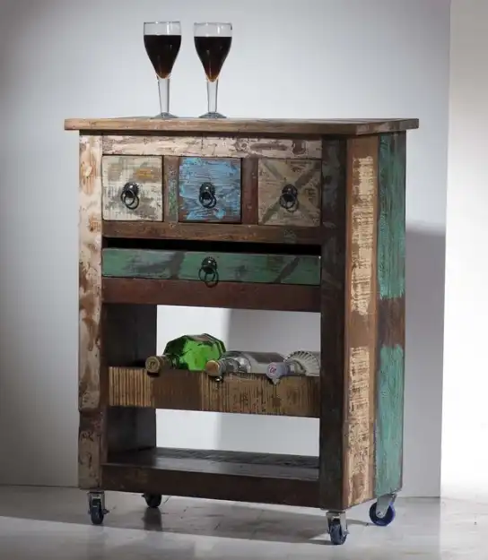 Reclaimed Wood Vintage Kitchen Trolley with 3 Drawers, 1 Slide Self & Bottle Holder - popular handicrafts